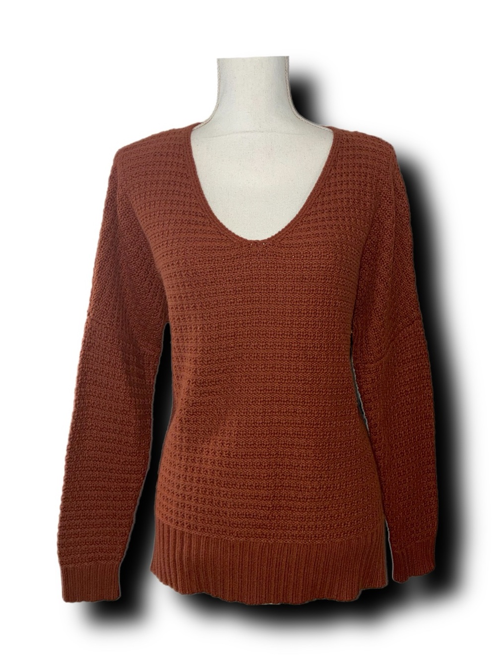 Rachel Zoe Cinnamon Waffle Knit V-Neck Tunic Cozy Cotton Blend Fall Sweater